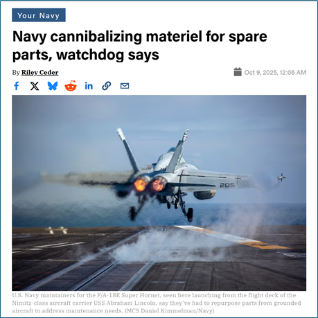 爆料：美海军靠“拆零件”维持战备