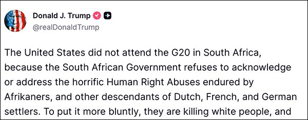 【蜗牛棋牌】特朗普拒邀南非参加明年G20峰会，南非反击：不接受侮辱，会积极参加