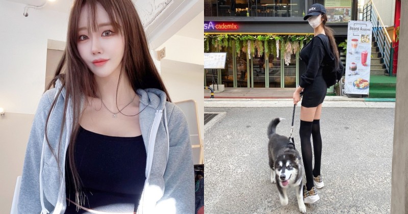 【蜗牛棋牌】路上驚見「長腿遛狗妹」！迷你短裙配膝上襪秀強大美腿，好想跟她要電話！