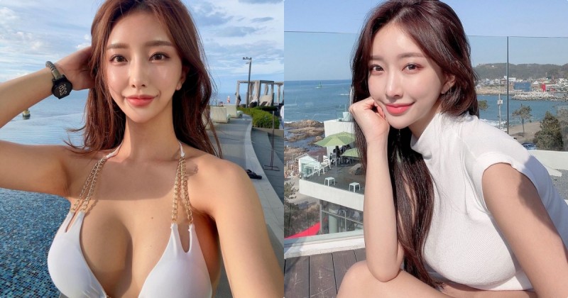 【蜗牛棋牌】美乳姐姐「比基尼托住飽滿巨乳」，「兩顆車頭燈」實在太明顯！