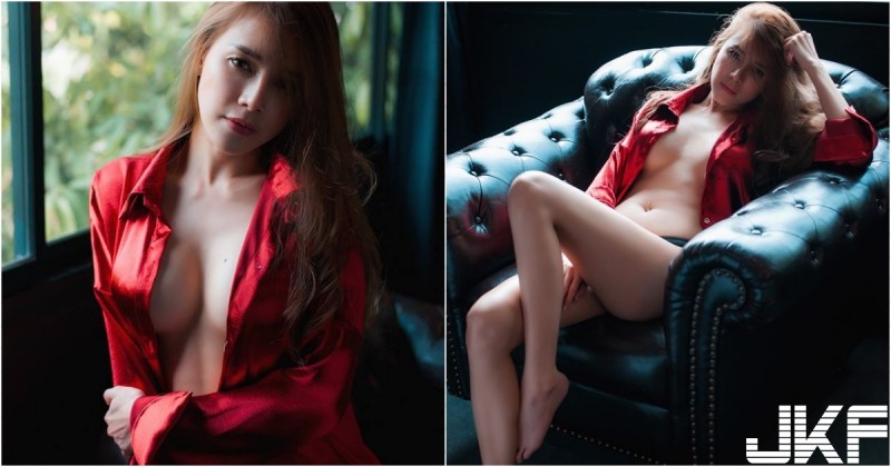 【蜗牛棋牌】豔情誘惑！「長髮白奶妹」紅色襯衫大膽敞開，「渾圓美乳」袒露出白嫩一片！