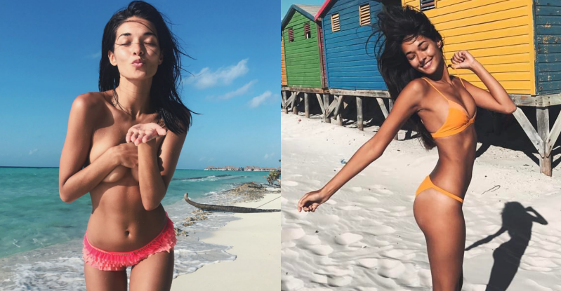 【蜗牛棋牌】陽光沙灘沒有比基尼！「性感正妹」身體力行海島風情　捧嫩乳做日光浴