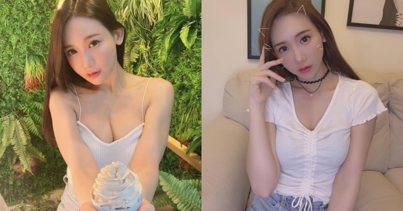 【蜗牛棋牌】白皙正妹「楊羽霏Sunny」細肩帶爆乳捧冰淇淋，「雪白美胸」比冰更美味！