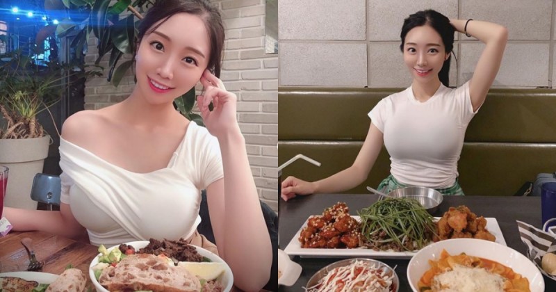 【蜗牛棋牌】韓國大奶吃貨部落客「박유진」 緊身上衣大啖美食，讓人食指大動！