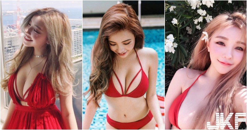 【蜗牛棋牌】尺寸太大「衣服包不住」！正妹紅色比基尼秀「渾圓美乳」！畫面好白嫩啊～